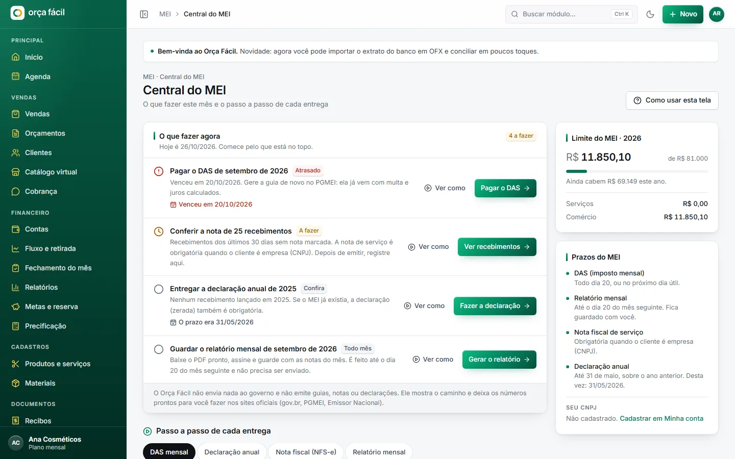 Central do MEI com limite anual, obrigações e declaração