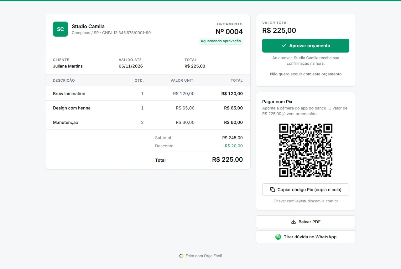 Orçamento enviado ao cliente com aprovação e Pix